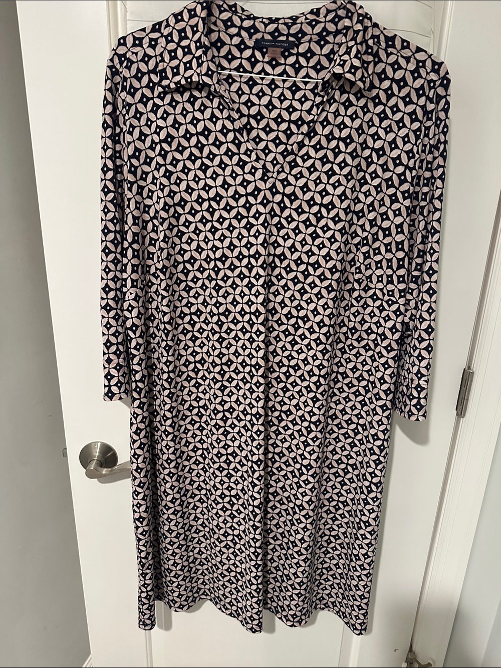 Tommy Hilfiger Navy and Blush Geometric Midi Shirt Dress